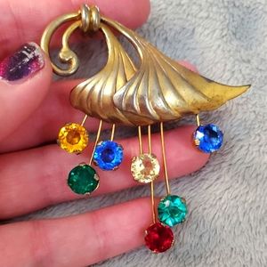 Vintage 30s Art Deco Goldtone Botanical Multicolor Floating Gem Organic Brooch